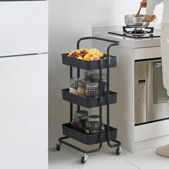 Clipop 3-Tier Utility Storage Cart,Lockable Wheels,Serving Trolley for Kitchen,Bathroom,Black