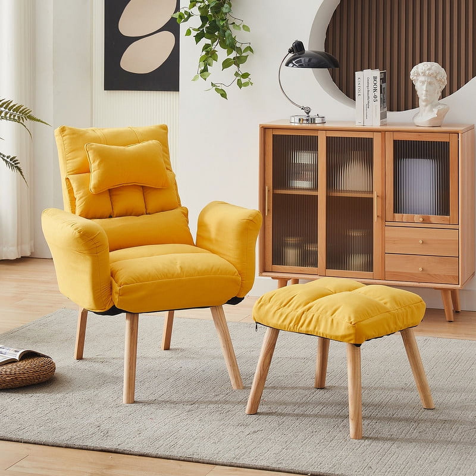 Clipop Accent Chair with Ottoman with Adjustable Backrest Comfy Reading Chair for Living Room Bedroom Yellow
