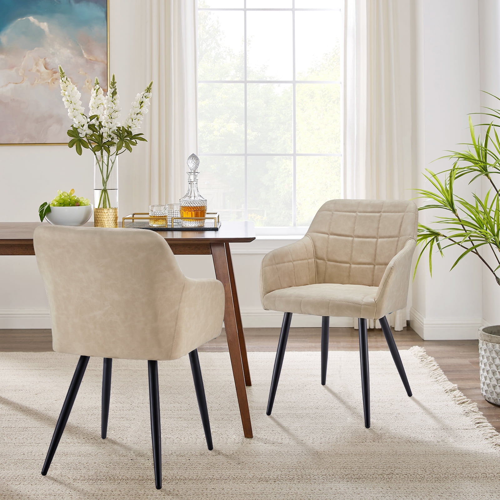 Clipop Dining Chairs Set of 2, Modern Faux Leather Kitchen Chairs with Armrest, Beige