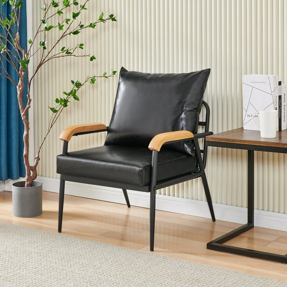 Clipop Faux Leather Single Sofa Couch, Modern Accent Armchair with Solid Wood Armrest and Sturdy Metal Frame, for Living Room,Adult, Black