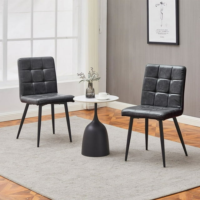 Clipop Kitchen Dining Chair Set of 2, Faux Leather Upholstered with Square Grid Design, Gray