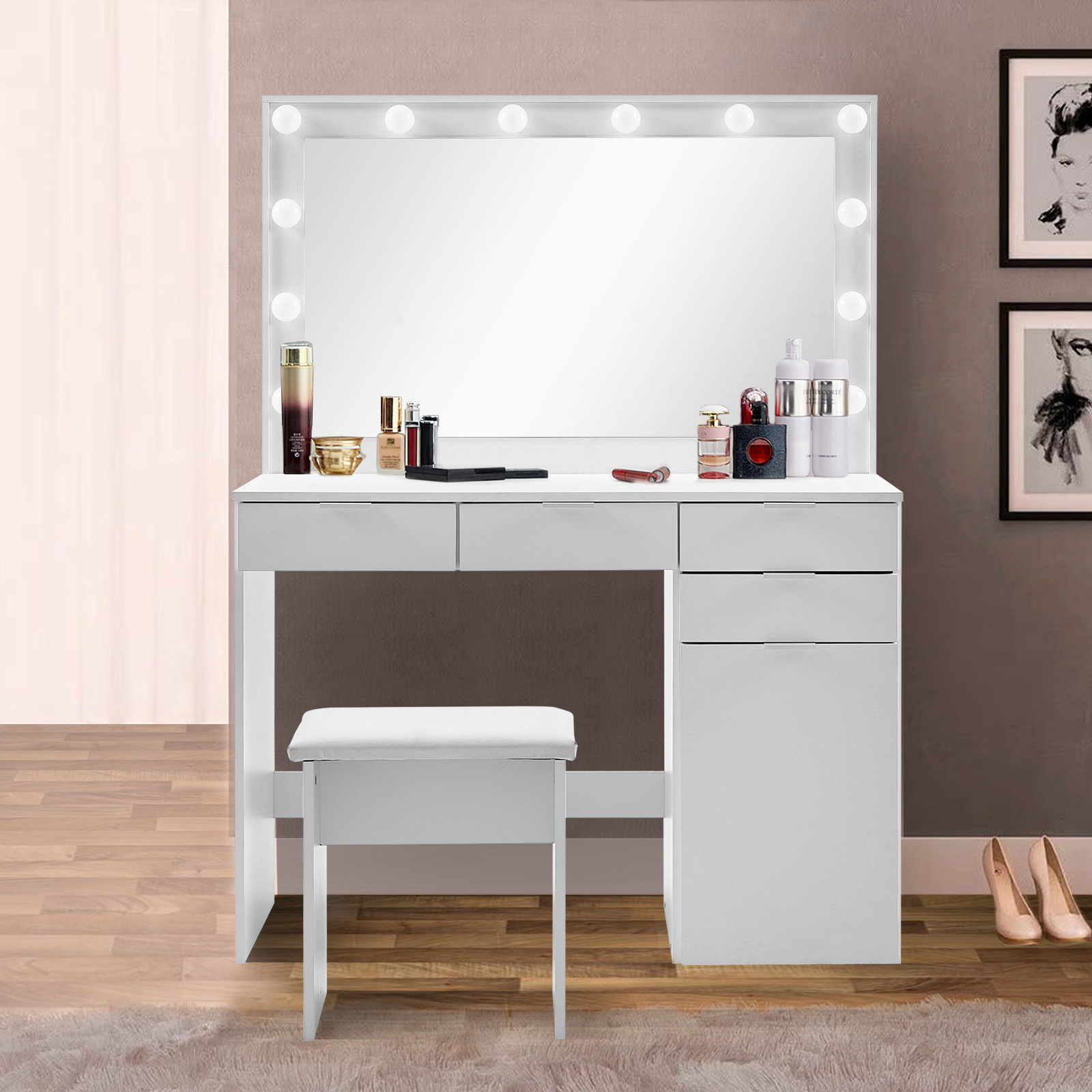 47" Large Vanity Set with 10 LED Lights, Vanity Makeup Table with