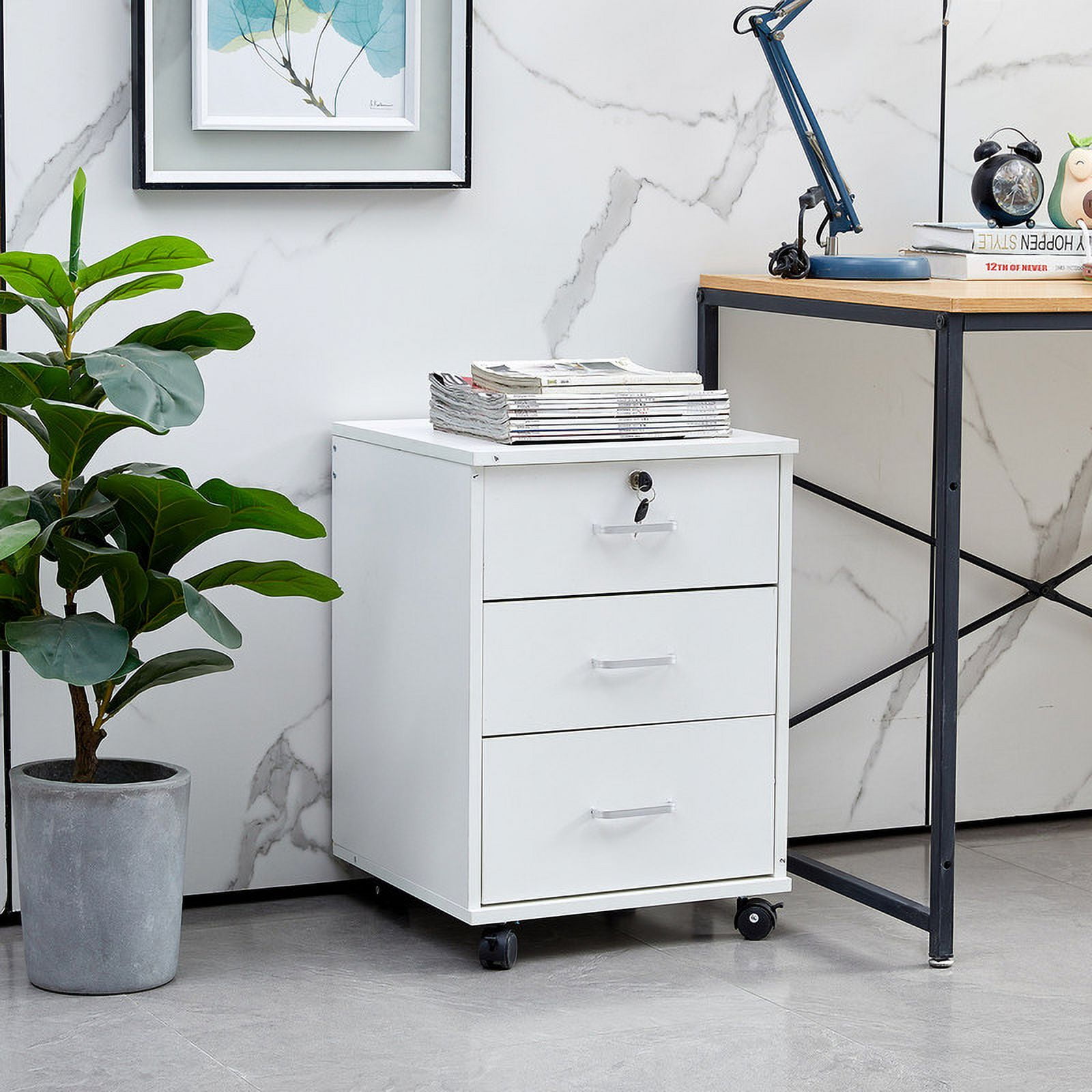 Clipop Mobile File with 3 Drawers,Lockable Storage Unit Wooden