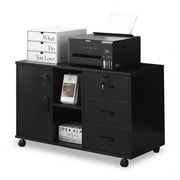 Clipop Mobile File Cabinet with 3 Lockable Drawers, Lateral Printer Stand with Open Storage Shelf, Black