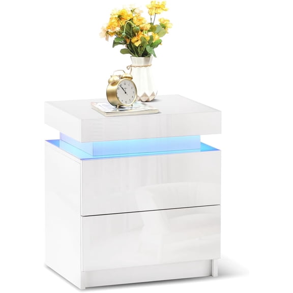 CLIPOP Modern LED Nightstand, 20.6"Bedside Table, 2 High Gloss Chest of Drawers, for Bedroom,White