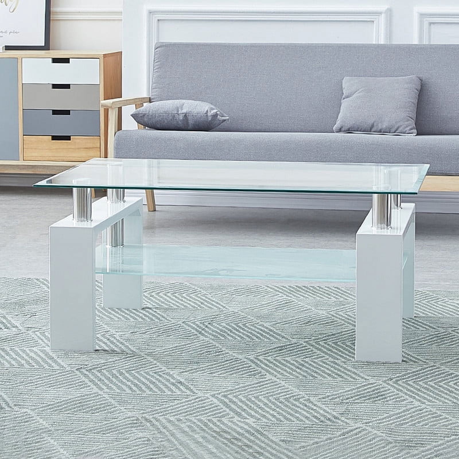 Clipop Modern Rectangle 2-Tier Coffee Table, Tempered Glass Shelf, for ...