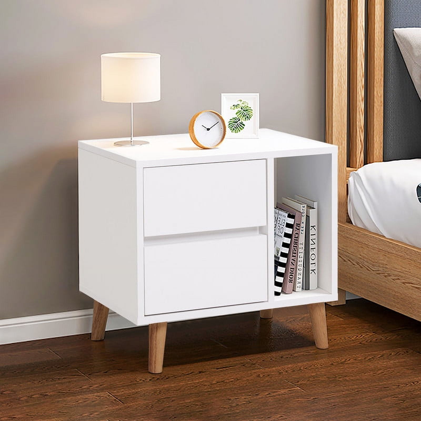 Clipop Nightstand with 2 Drawers,Open Storage,Solid Wood Legs,Bedside
