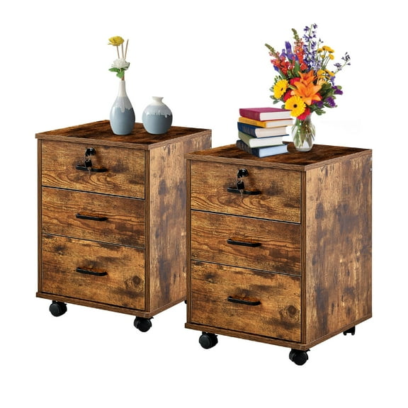 Clipop Set of 2 Mobile File Cabinet 3 Drawers,Lockable Wooden Cabinet,for A4 Sized Documents,Brown