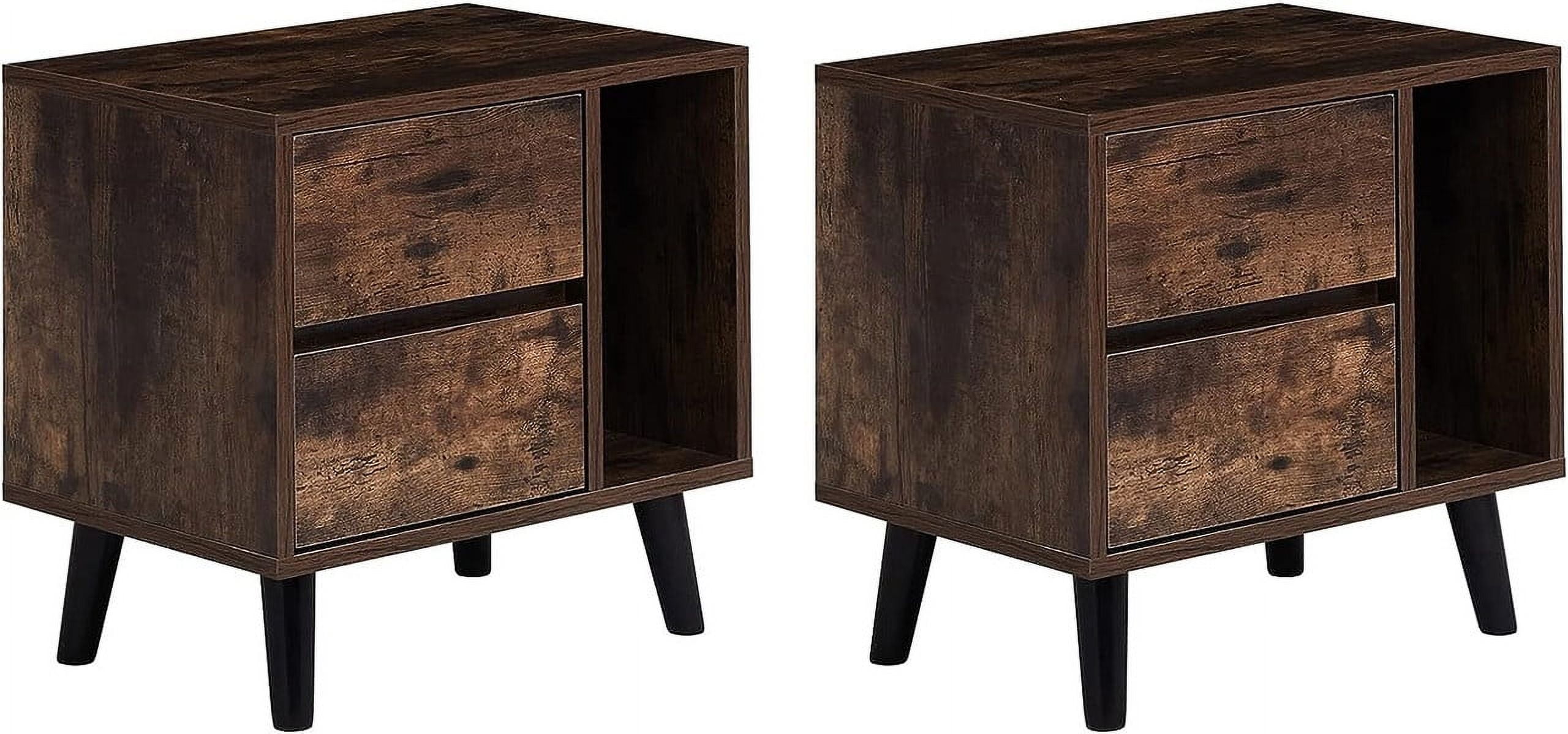 Clipop Set of 2 Nightstand with 2 Drawers, Open Storage, Solid Wood