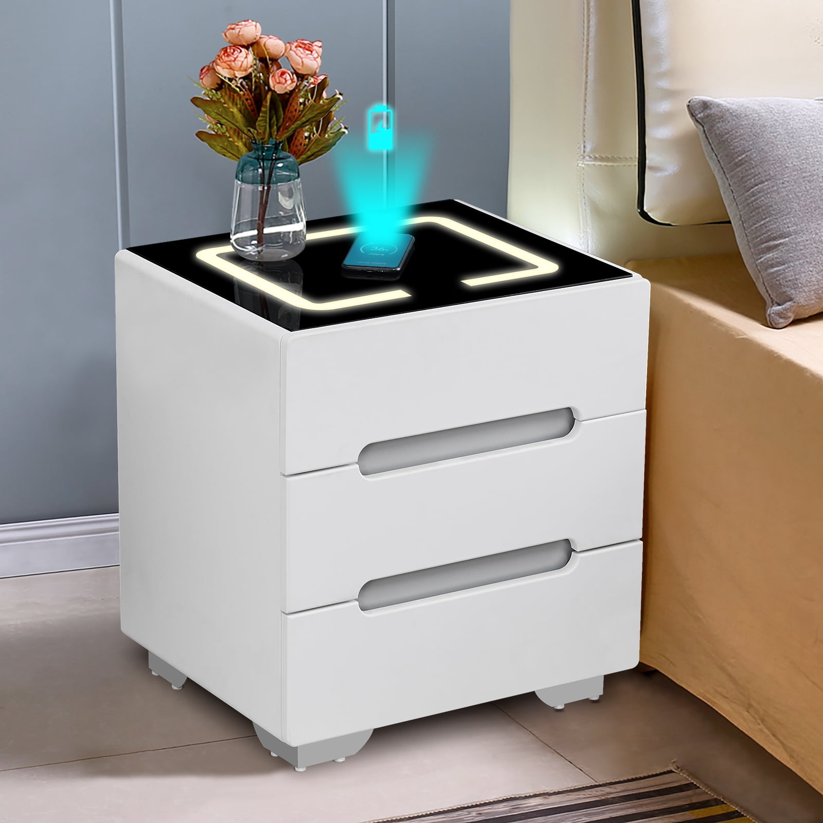 Clipop Smart LED Nightstand with Wireless Charging Station,3 Drawers