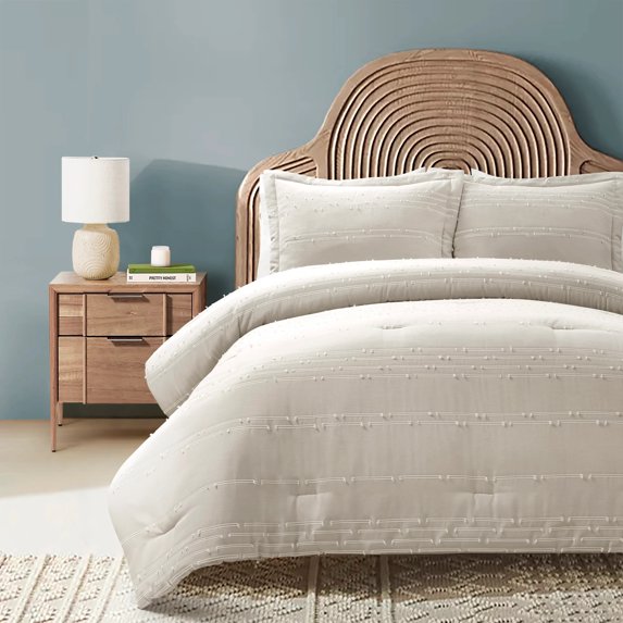 Clipped Stripe Jacquard Comforter Set Neutral 3Pc Set Full/Queen