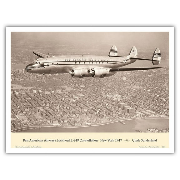 Clipper America (Lockheed L-749 Constellation) - Over New York 1947 - Pan American World Airways - Vintage Aviation Poster by Clyde Sunderland - Master Art Print (Unframed) 9in x 12in