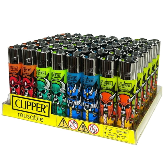 Clipper - Classic Large Reusable Lighter - Iconic Premium Refillable Lighters Bulk Pack - Replace Butane, Flint, and Spark Wheel for Unlimited Lights - 48 Pack - Horned Skulls