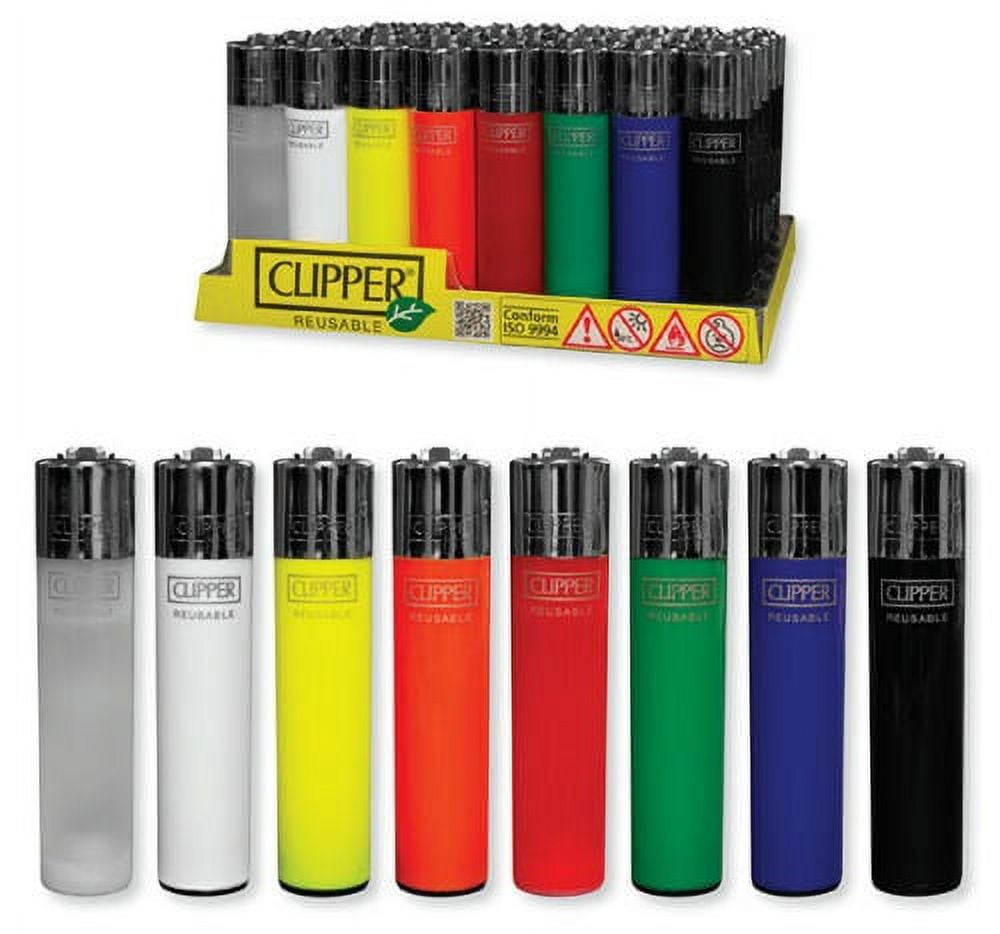 Clipper Lighter - Pack of 48 Full Size Refillable Flint Lighters PLAIN SOLID ASSORTED COLOR Collection with Display Tray