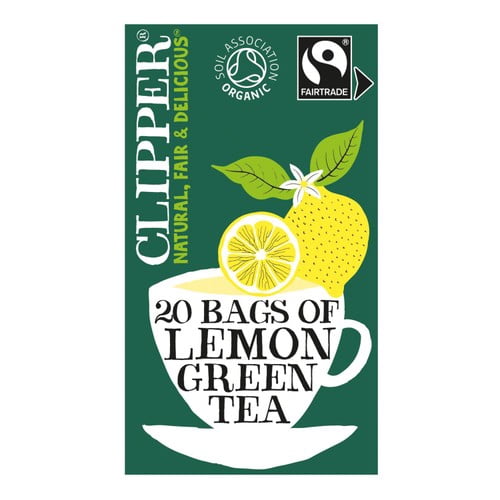 Clipper Organic Fairtrade Green Tea Bags with Lemon 20's, British Import (Pack of 3)