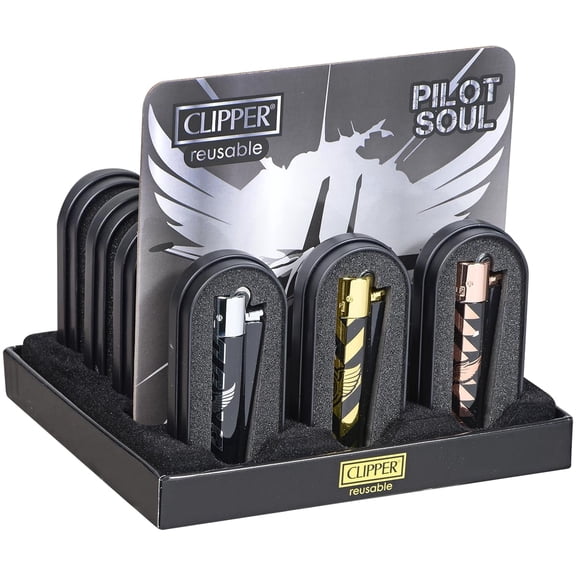Clipper Refillable Lighter Pilot Soul Design Reusable Pocket Lighter with Adjustable Flame and Replaceable Flint (Retail Display of 12)