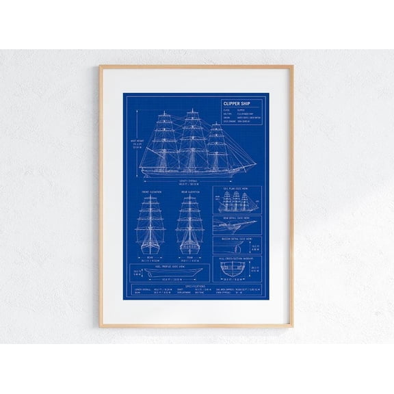 Clipper Ship Blueprint Tall Ship Print Nautical Wall Art Sailing Ship Decor Maritime Gift