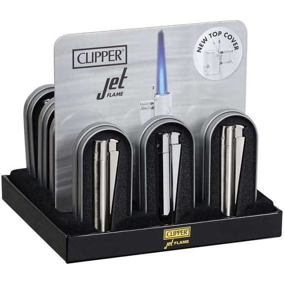 Clipper Silver Jet Flame Lighters Refillable Butane Torch Lighters Wind Resistant Single Jet Flame Adjustable Flame 12 Pack Retail Display