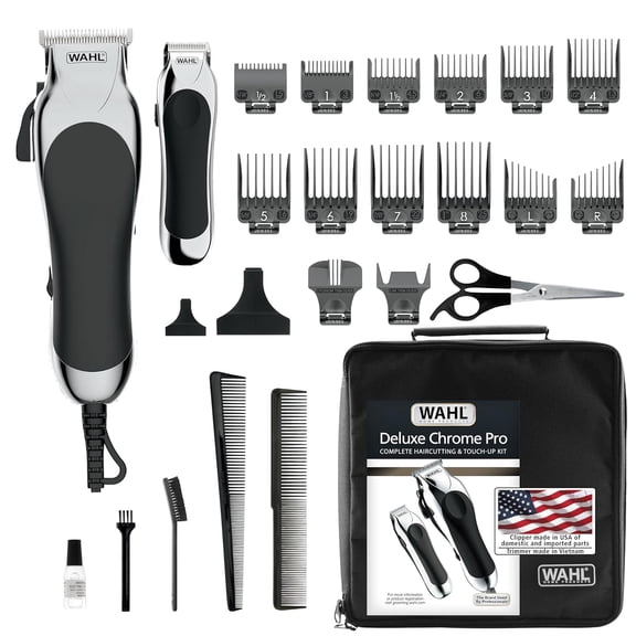 Clipper USA Deluxe Corded Chrome , Complete Hair and Trimming Kit, Includes Corded Clipper, Cordless Battery Trimmer, and Styling Shears, for a Cut Every Time - Model 79524-5201M
