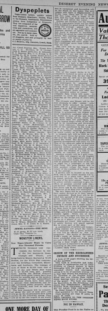 Clipping Deseret Evening News 4th February 1910 Monster liners Canvas Art - (24 x 36)