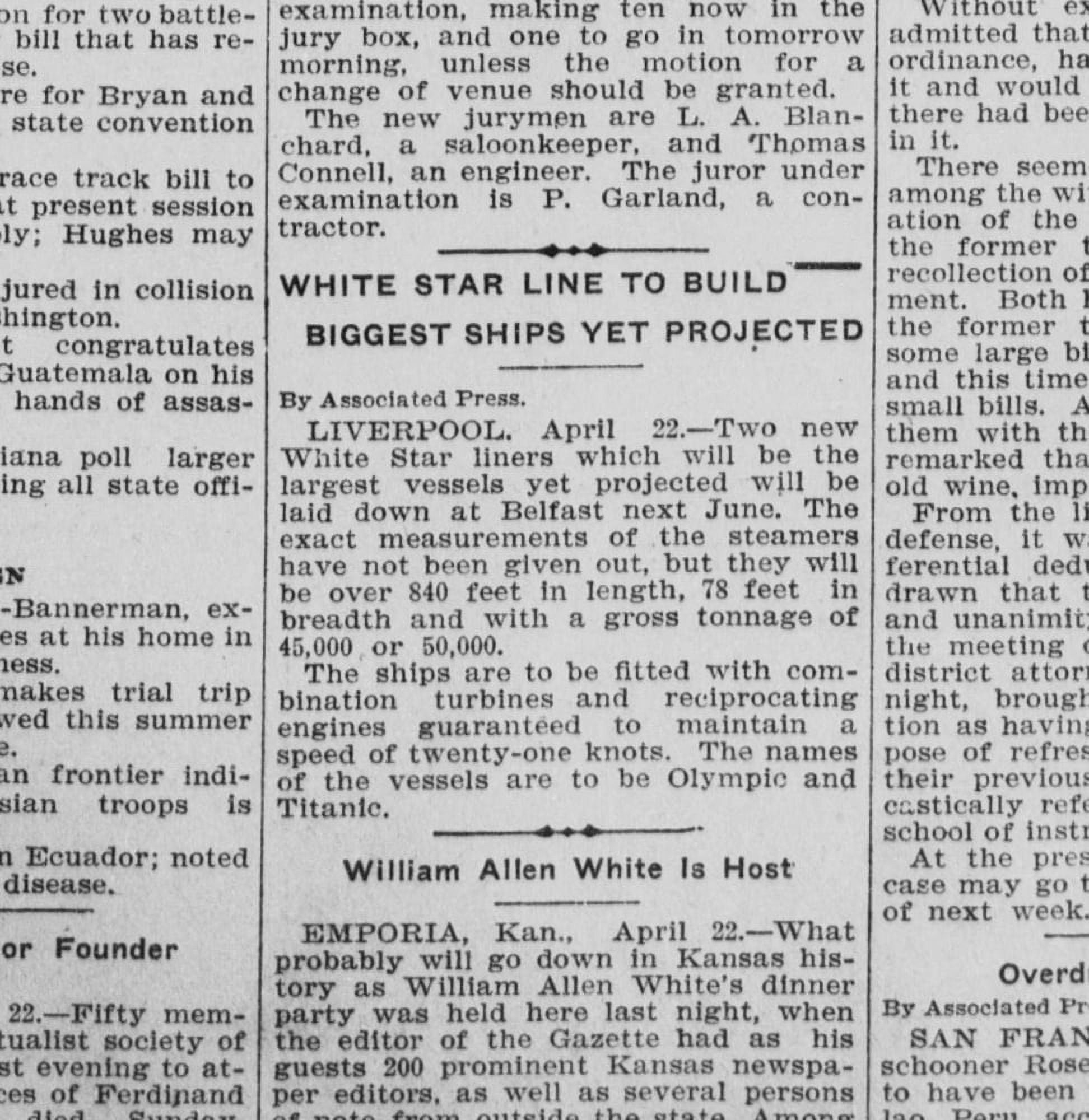 Clipping Los Angeles Herald 23rd April 1908 White Star to build biggest ships yet projected Canvas Art - (18 x 24)