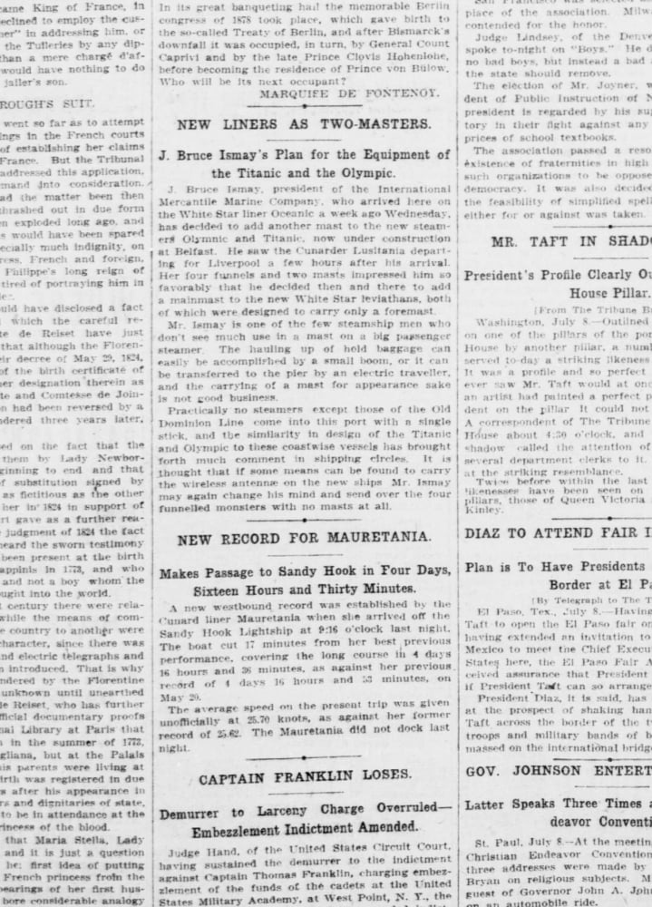 Clipping New York Daily Tribune 9th July 1909 New Liners as Two-masters Canvas Art - (24 x 36)