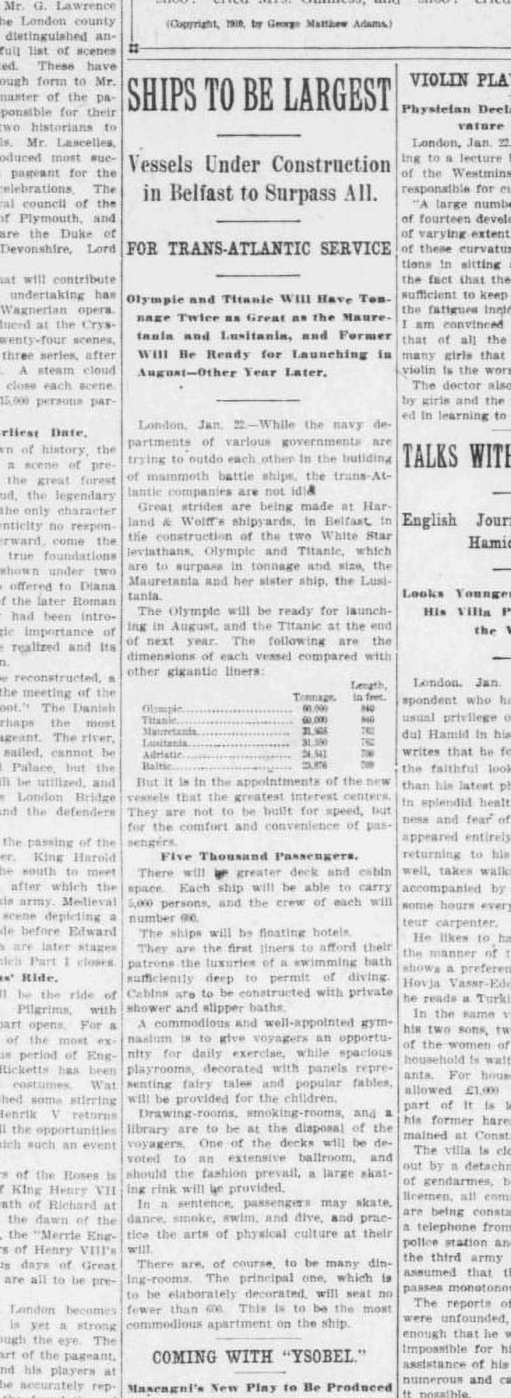 Clipping The Washington Herald 23rd January 1910 Ships to be the largest Canvas Art - (18 x 24)