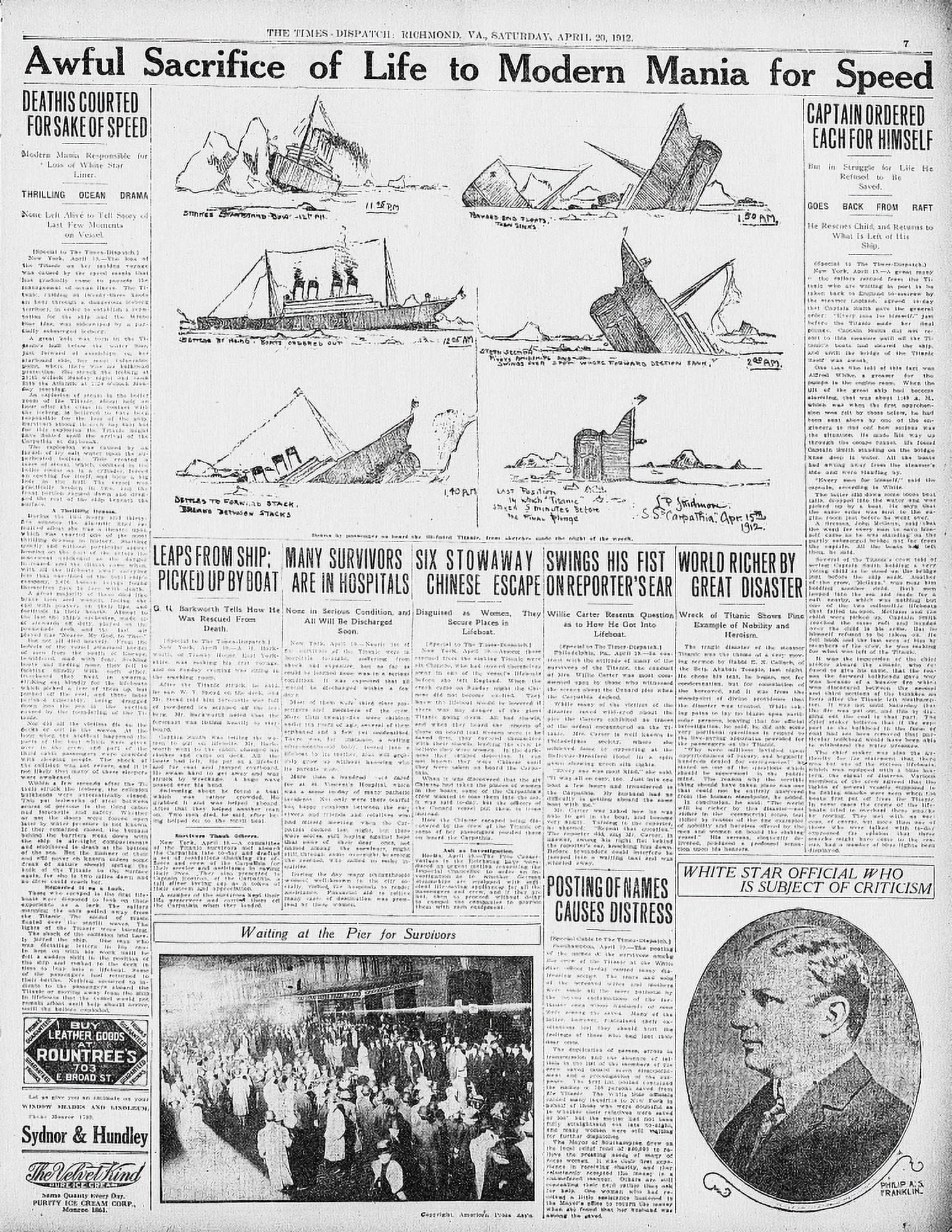 Clipping Times Despatch 20 April 1912 Position of Titanic Canvas Art - (18 x 24)