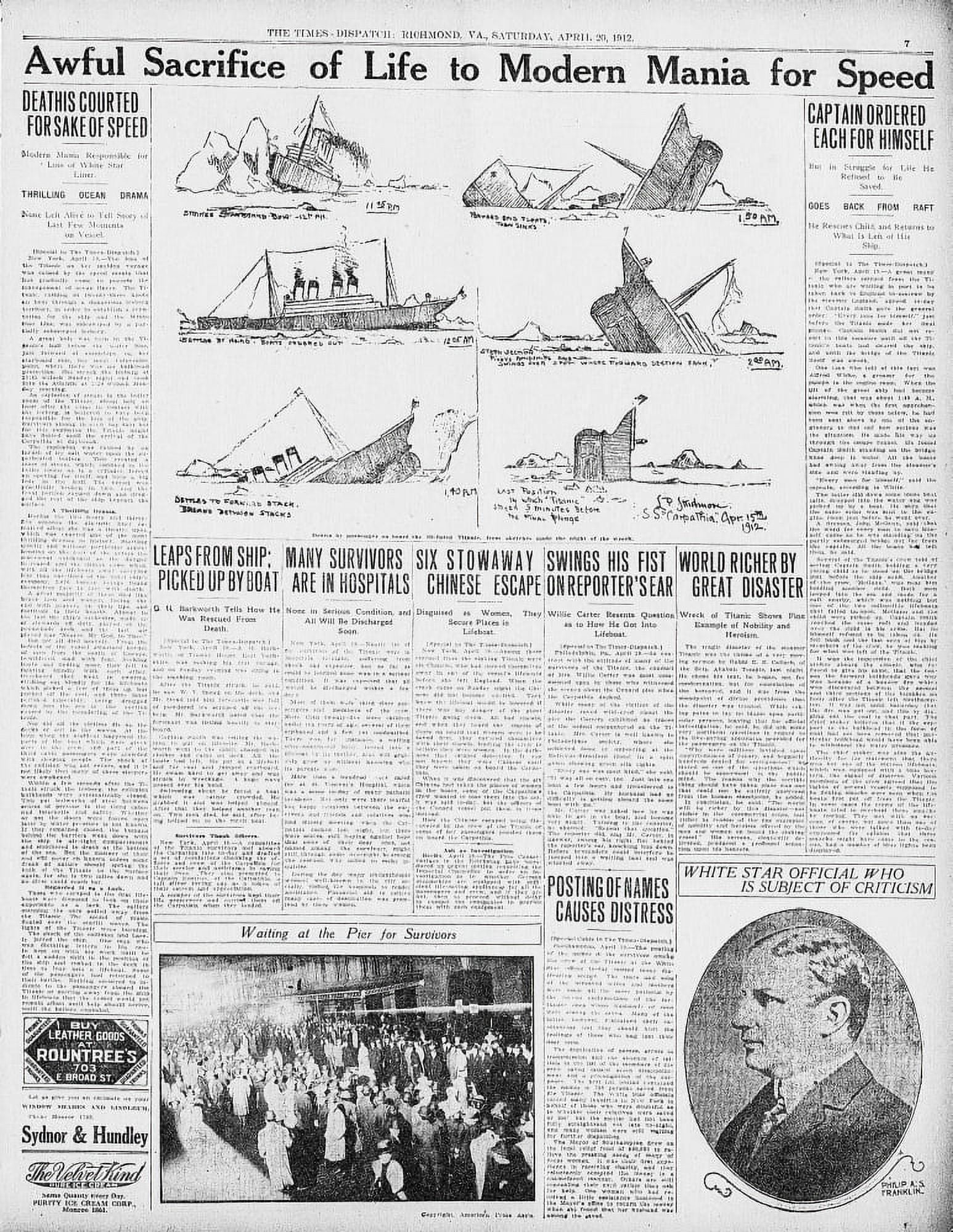 Clipping Times Despatch 20 April 1912 Position of Titanic Canvas Art - (24 x 36)