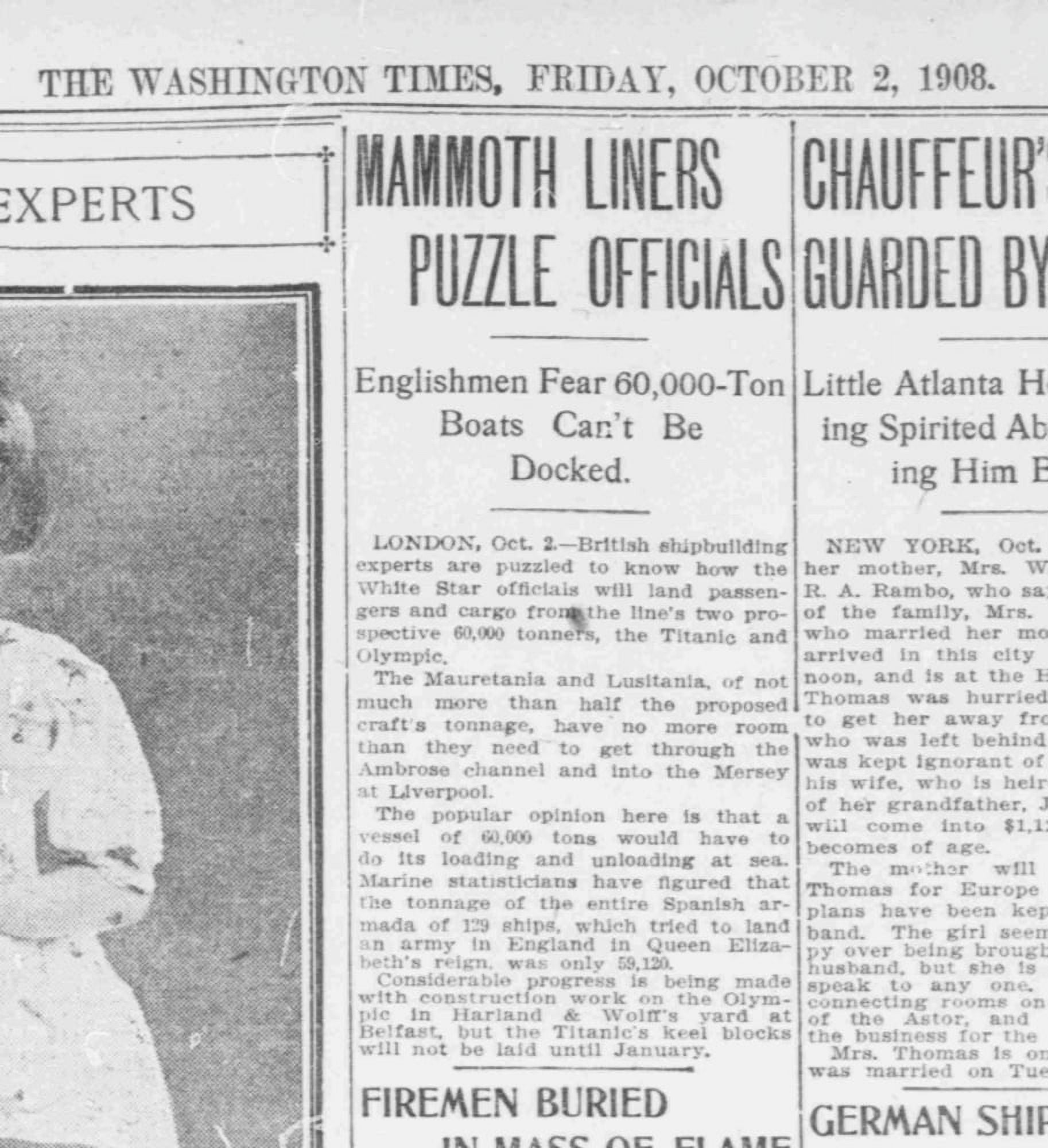 Clipping Washington Post 2nd October 1908 Mammoth liners puzzle officials Canvas Art - (24 x 36)
