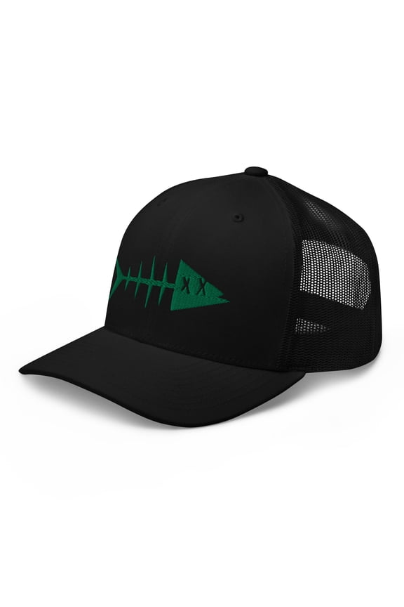 Adult 3D Puff Embroidered Green Fish Adjustable Black Retro Trucker Cap