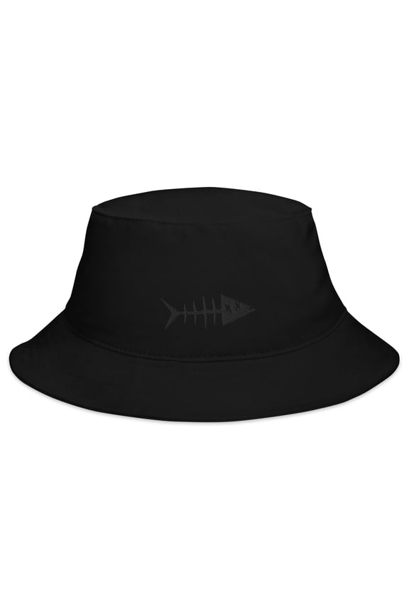 Adult Unisex Embroidered Black Fish Cotton Black Bucket Hat
