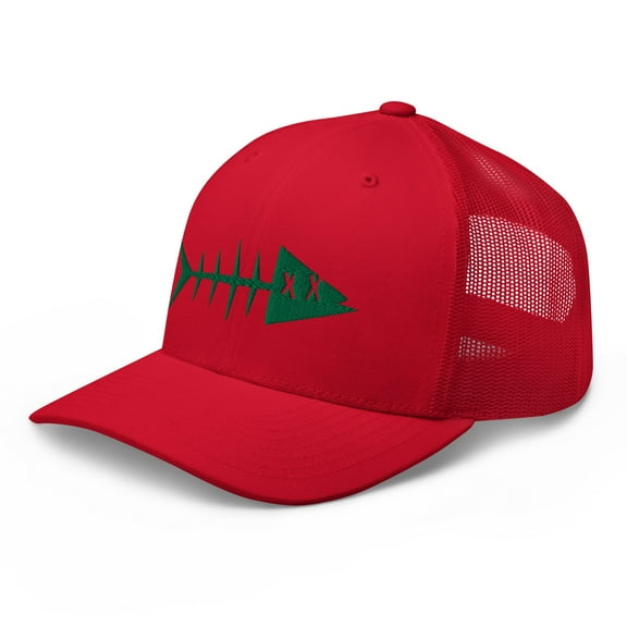 Clishirt Adult Unisex Embroidered Green Fish Adjustable Red Retro Trucker Hat