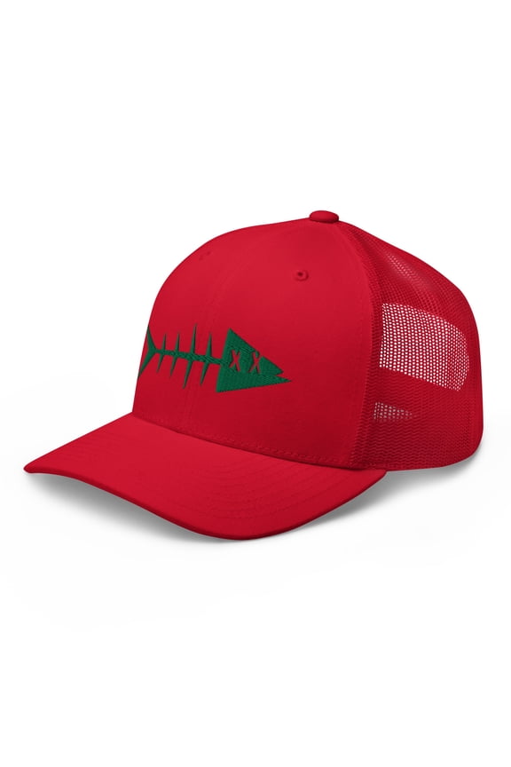 Adult Unisex Embroidered Green Fish Adjustable Red Retro Trucker Hat