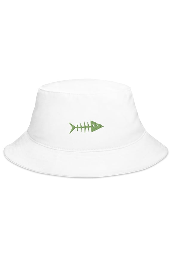 Adult Unisex Embroidered Kiwi Green Fish Cotton White Bucket Hat