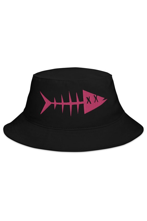 Adult Unisex Embroidered Magenta Fish Cotton Black Bucket Hat