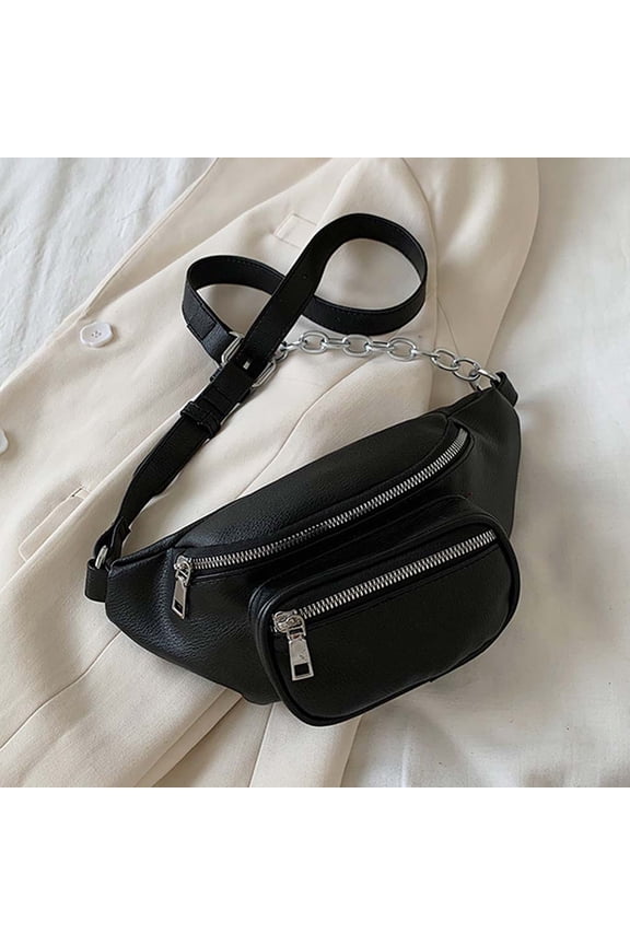 1Pc Woman PU Waist Bag Black Chain Purse with Practical Double Pocket and Strong Material