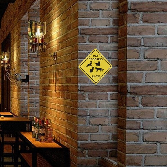 Clispeed Yellow Metal Cat Crossing Sign Iron Wall Decor for Home Bar Safety and Decorative Use