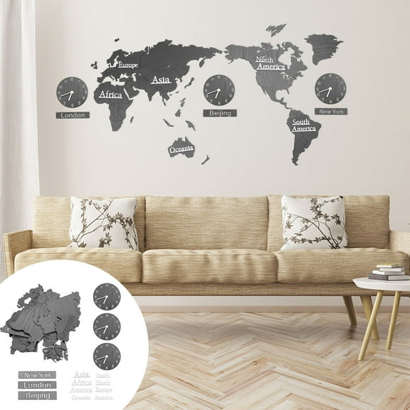 Clispeed Decorative Black Hanging Wall Clock World Map Design Easy to Install for Home