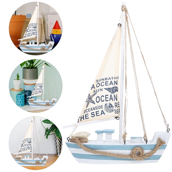 Clispeed Sailboat Tabletop Decoration Small Boat Ornament Wood Blue 1Pcs