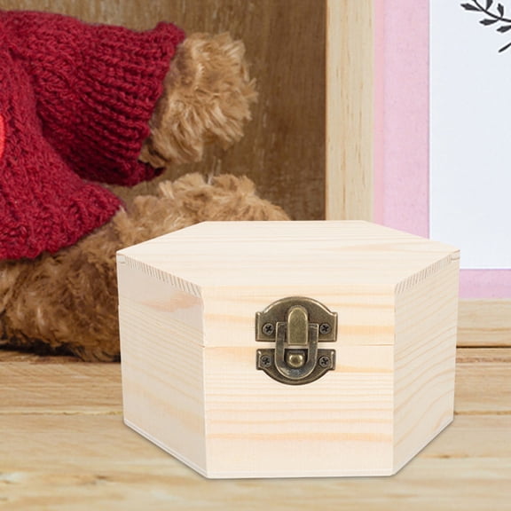 Clispeed Unfinished Wood Box with Lid Hexagon Wooden Box Beige 1 Set Storage Craft for Women
