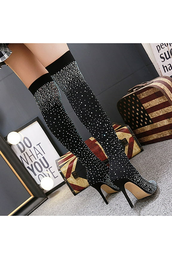 Platform Heels for Women Rhinestone Boots Over The Knee Black 1 Pair