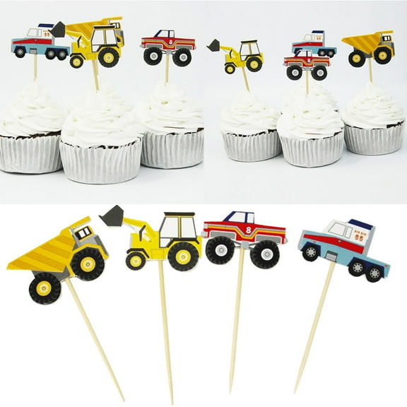 Clispeed 24Pcs Assorted Color Tractor and Forklift Cake Insert Toppers for Car Theme Parties