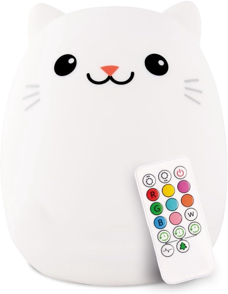 Clive The Cat Squishy Silicone Night Light for Kids | Cute Night Light with Remote & Touch Control for Baby & Toddler Bedrooms | Color Changing Portable Animal Nightlight | Kids Mood Lamp