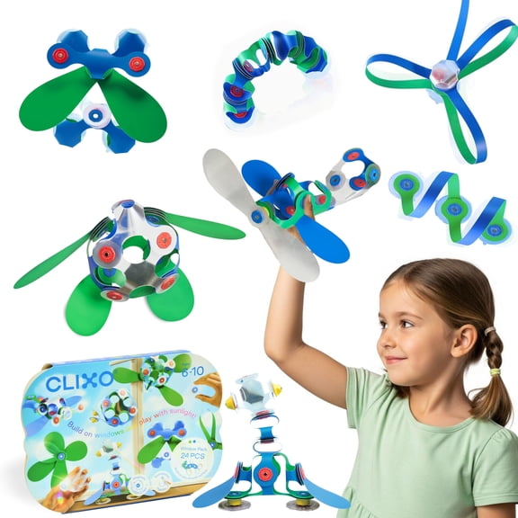 Clixo Window Travel Pack Magnetic Building Toy, 24-Piece Suncatcher STEM Construction Set with Prisms & Suction Cups, Portable Travel Toy for Kids Ages 4+