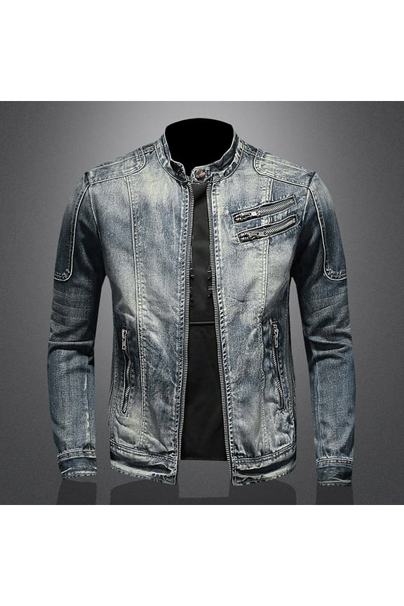 Denim Jacket for Men Vintage Stand Collar Jacket Lightweight Distressed Jeam Jacket Full Zip Up Trucker Jacket Loose Fit Motorcycle Coat with Zipper Pockets