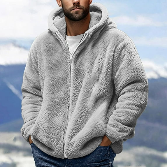 Cllios Fleece Jacket for Men Full Zip Up Hoodies Heavyweight Fuzzy Sherpa Jacket Winter Warm Faux Fur Long Sleeve Solid Color Open Front Coat