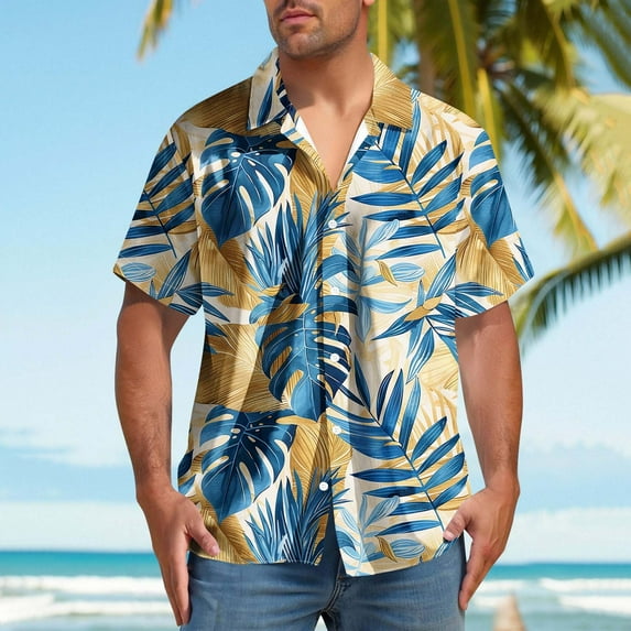 Cllios Hawaiian Shirt for Men Big and Tall Tropical Graphic Holiday Tops Loose Fit Lapel Collared Short Sleeve T-shirts Oversized Button Down Bowling Shirts S-5XL
