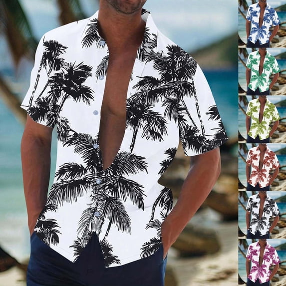 Cllios Hawaiian Shirt for Men Big and Tall Tropical Print Holiday Tops Vacation Cuban Collared Short Sleeve T-shirts Cotton Button Down Bowling Shirts M-4XL