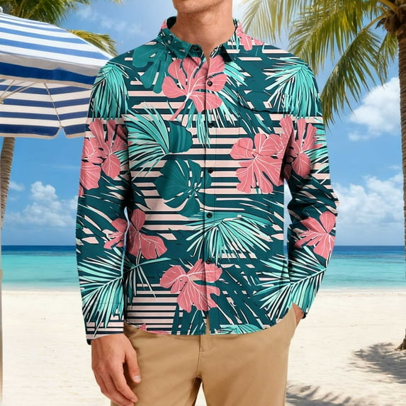 Cllios Hawaiian Shirt for Men Summer Tropical Print Beach Tops Quick Dry Cuban Collared Long Sleeve T-shirts Oversized Button Down Bowling Shirts with Pocket S-5XL